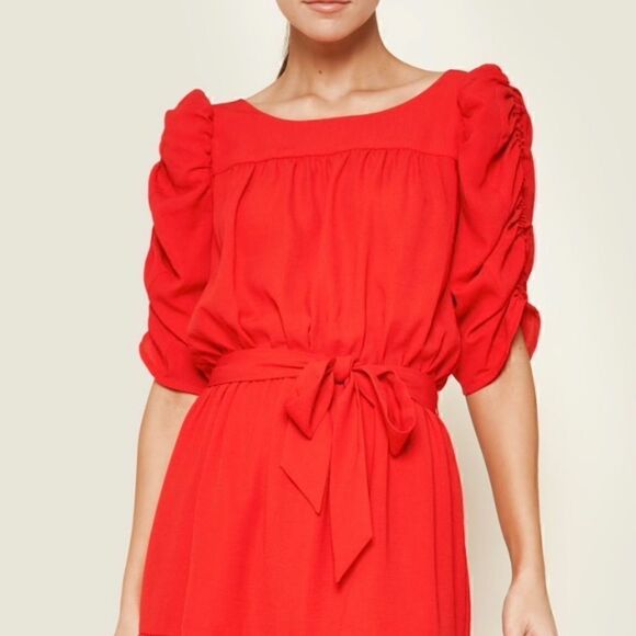 Red Ruched Sleeve Dress  - Picture 4 of 8